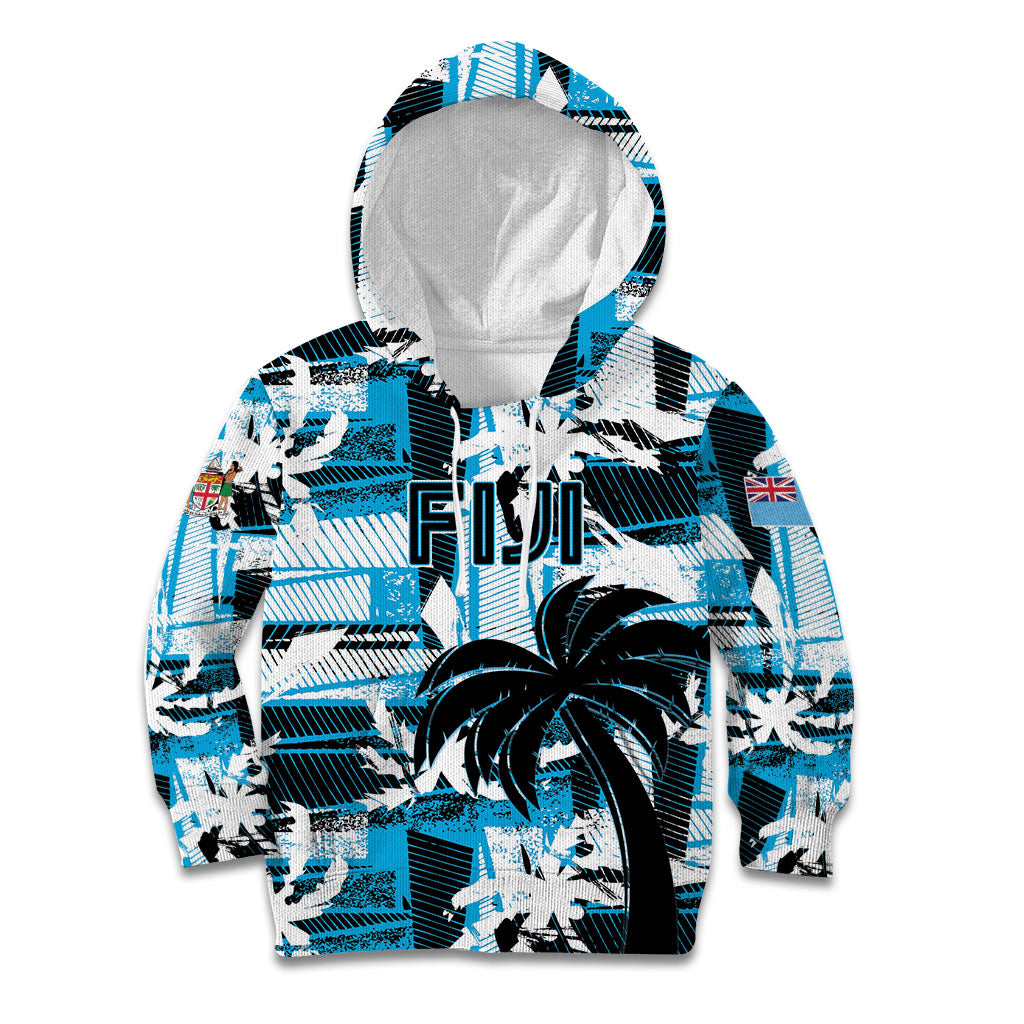 Custom Fijian Rugby Kid Hoodie Grunge Palm Stylized LT01 Hoodie Blue - Polynesian Pride