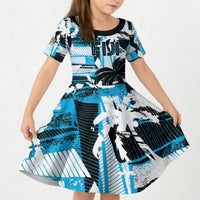 Custom Fijian Rugby Kid Short Sleeve Dress Grunge Palm Stylized LT01 KID Blue - Polynesian Pride