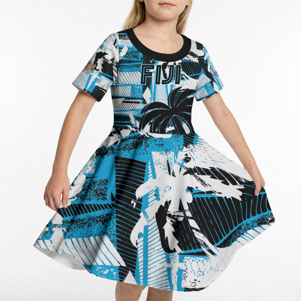 Custom Fijian Rugby Kid Short Sleeve Dress Grunge Palm Stylized LT01 - Polynesian Pride