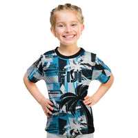 Custom Fijian Rugby Kid T Shirt Grunge Palm Stylized LT01 Blue - Polynesian Pride