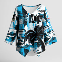 Custom Fijian Rugby Kimono Sleeve Blouse Grunge Palm Stylized LT01 Female Blue - Polynesian Pride