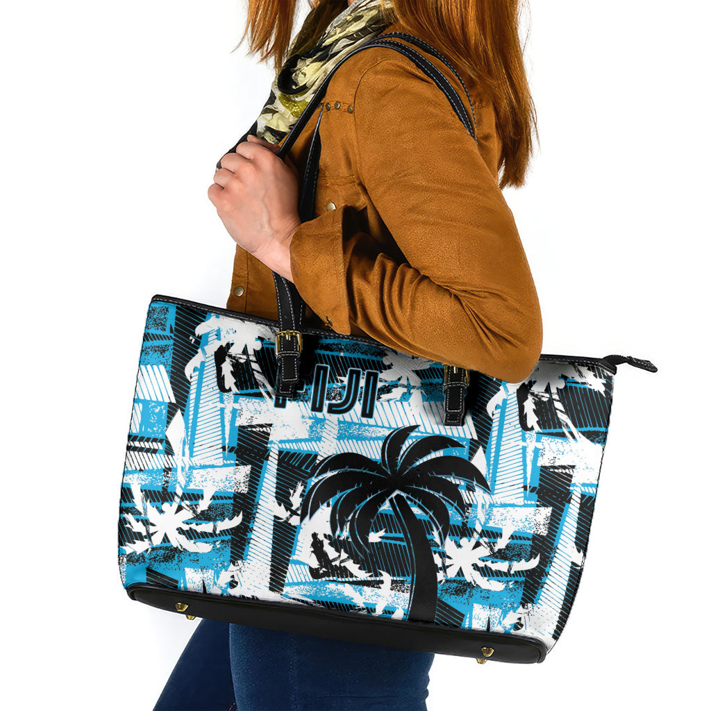 Fijian Rugby Leather Tote Bag Grunge Palm Stylized LT01 Blue - Polynesian Pride