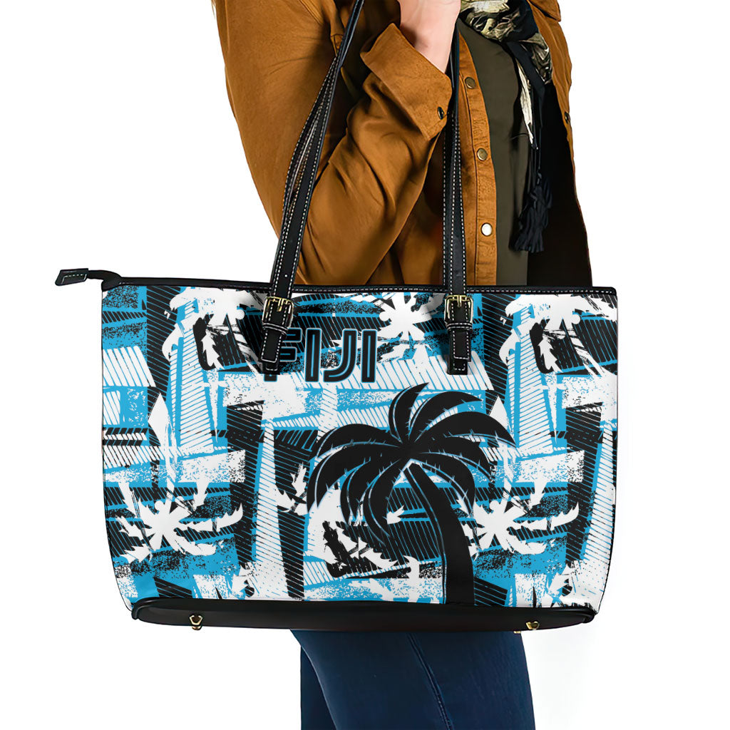 Fijian Rugby Leather Tote Bag Grunge Palm Stylized LT01 - Polynesian Pride