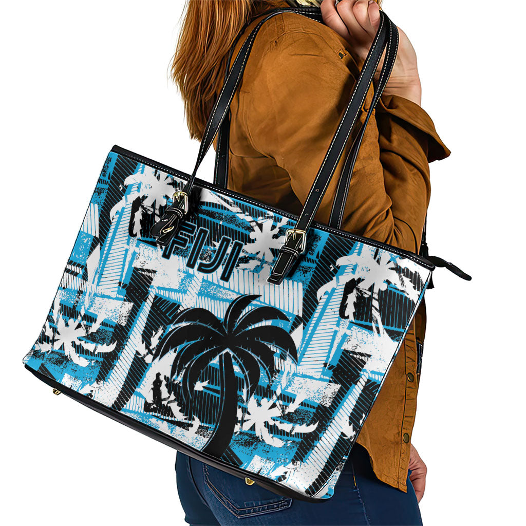 Fijian Rugby Leather Tote Bag Grunge Palm Stylized LT01 - Polynesian Pride