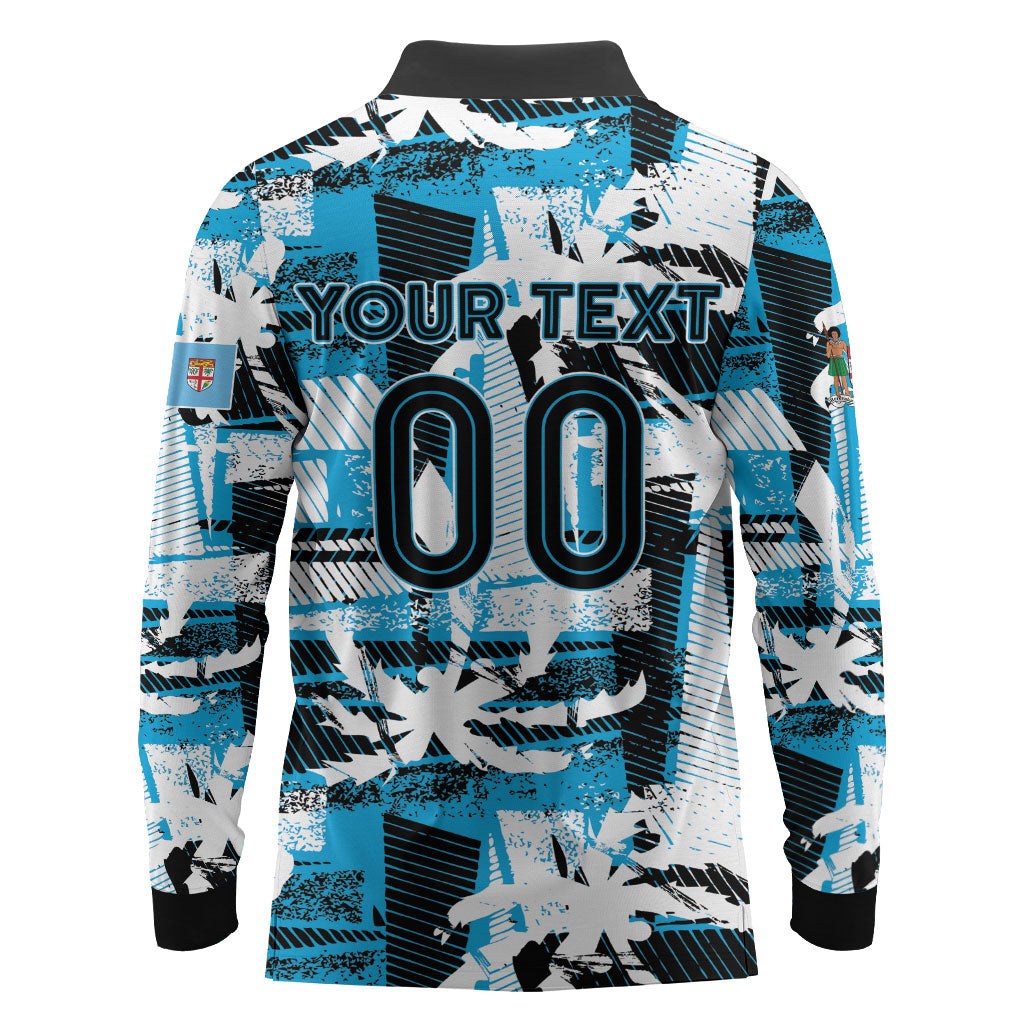 Custom Fijian Rugby Long Sleeve Polo Shirt Grunge Palm Stylized LT01 - Polynesian Pride