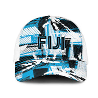 Fijian Rugby Mesh Trucker Cap Grunge Palm Stylized LT01 One Size White Blue - Polynesian Pride