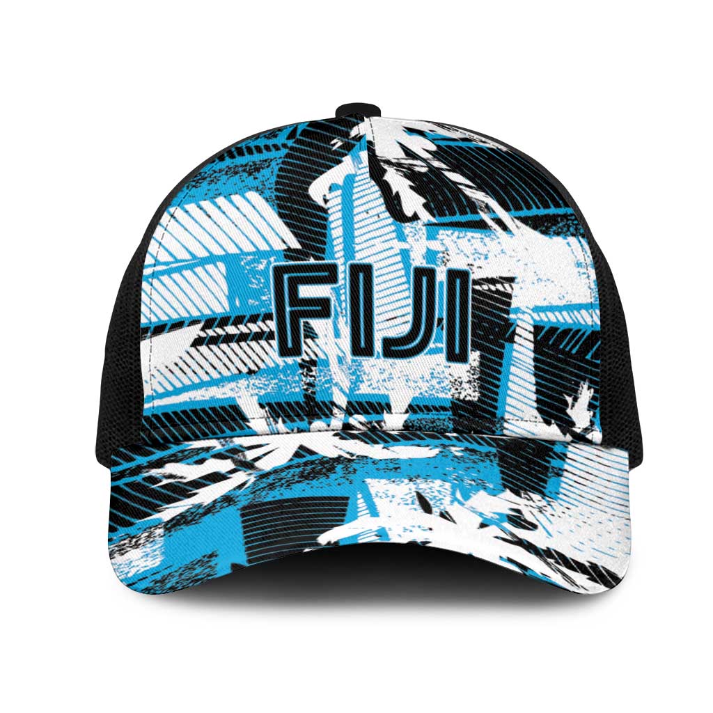 Fijian Rugby Mesh Trucker Cap Grunge Palm Stylized LT01 One Size Black Blue - Polynesian Pride