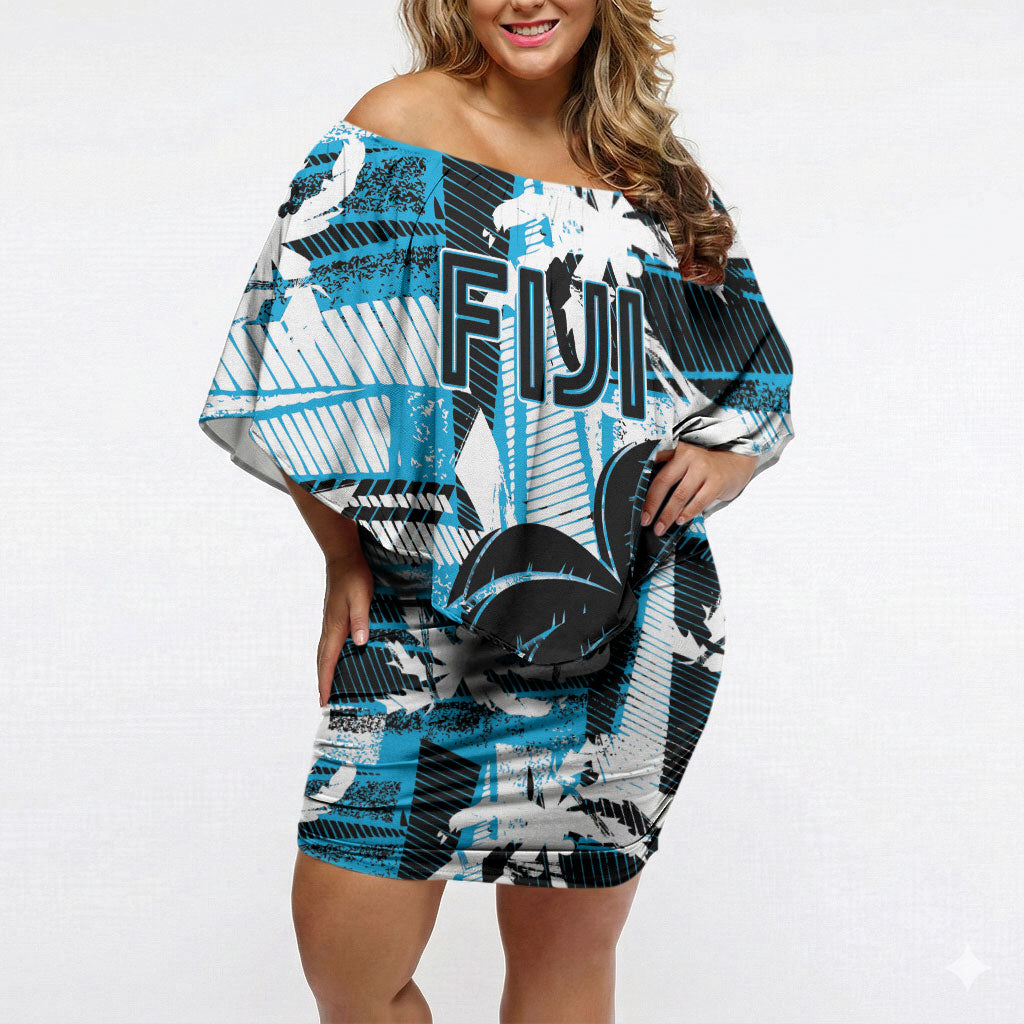 Custom Fijian Rugby Off Shoulder Short Dress Grunge Palm Stylized LT01 Women Blue - Polynesian Pride