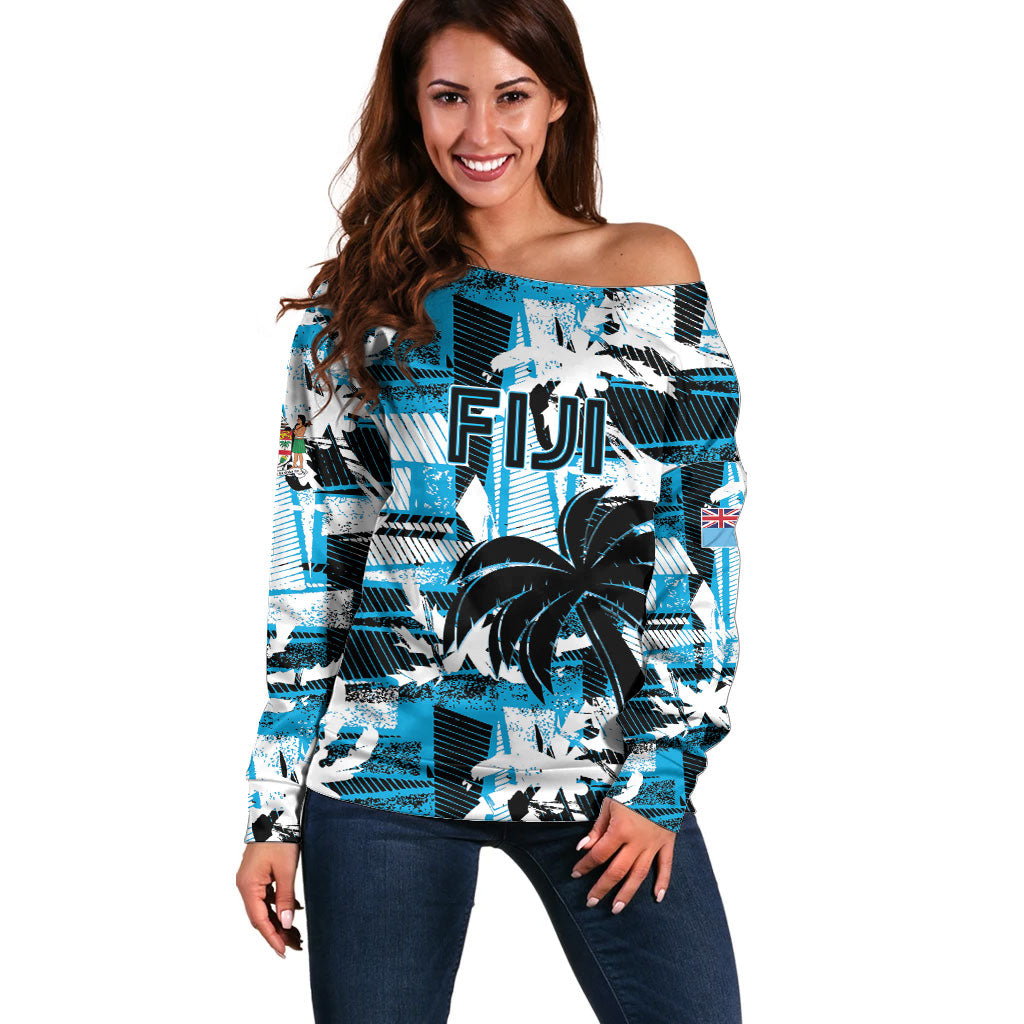 Custom Fijian Rugby Off Shoulder Sweater Grunge Palm Stylized LT01 Women Blue - Polynesian Pride