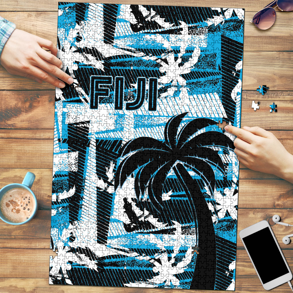 Fijian Rugby Puzzle Grunge Palm Stylized LT01 Blue - Polynesian Pride