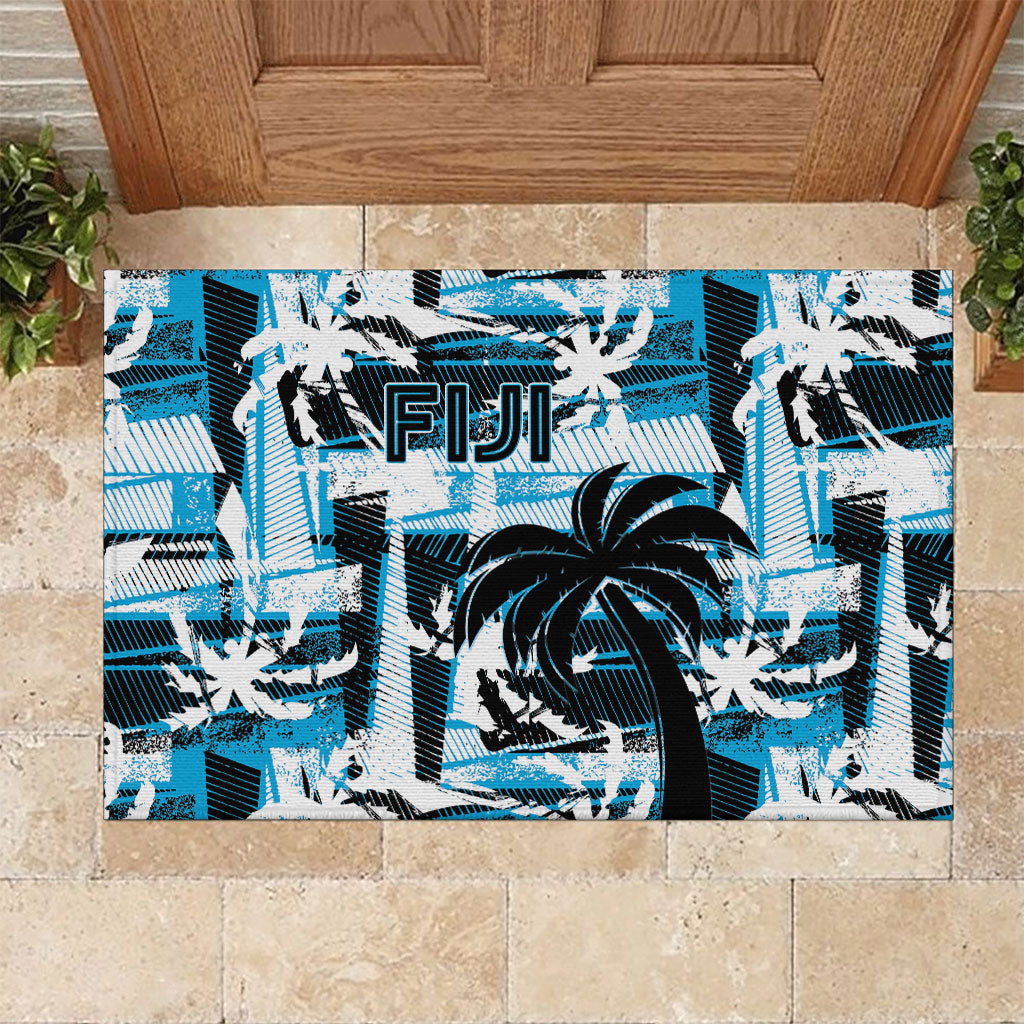 Fijian Rugby Rubber Doormat Grunge Palm Stylized LT01 Blue - Polynesian Pride