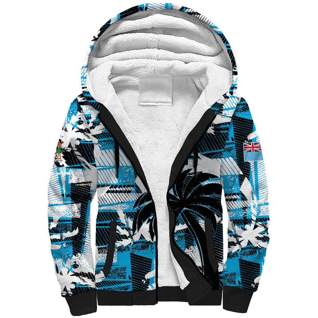 Custom Fijian Rugby Sherpa Hoodie Grunge Palm Stylized LT01 Unisex Blue - Polynesian Pride