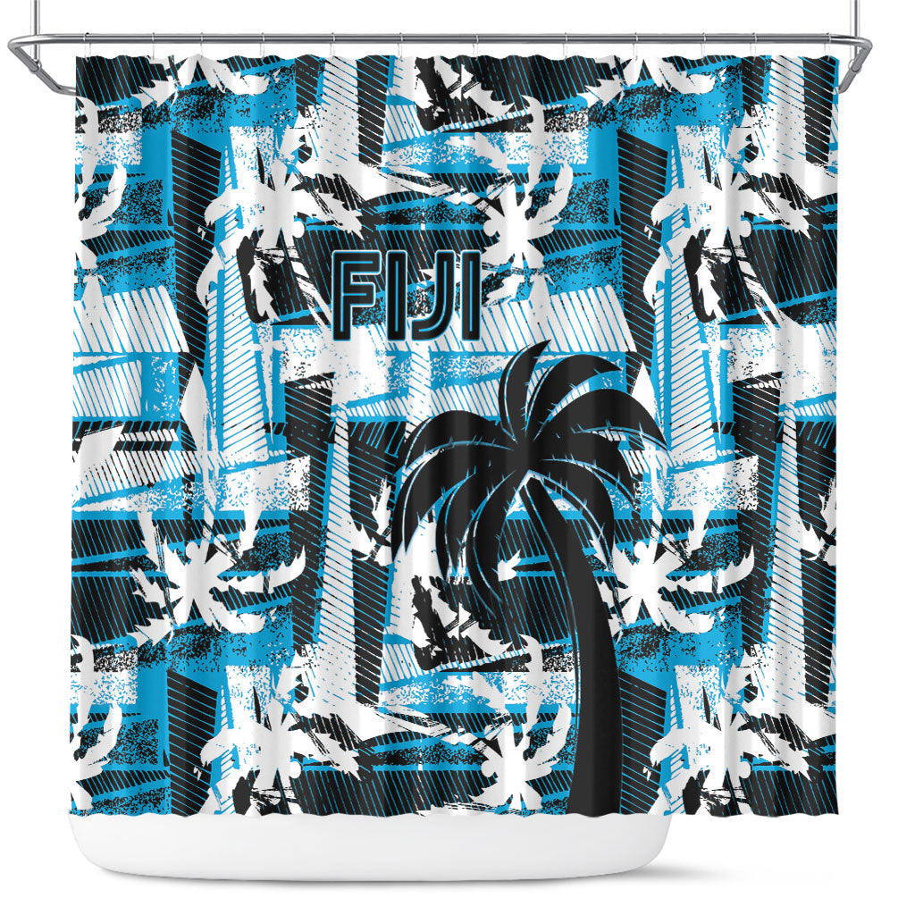 Fijian Rugby Shower Curtain Grunge Palm Stylized LT01 Blue - Polynesian Pride