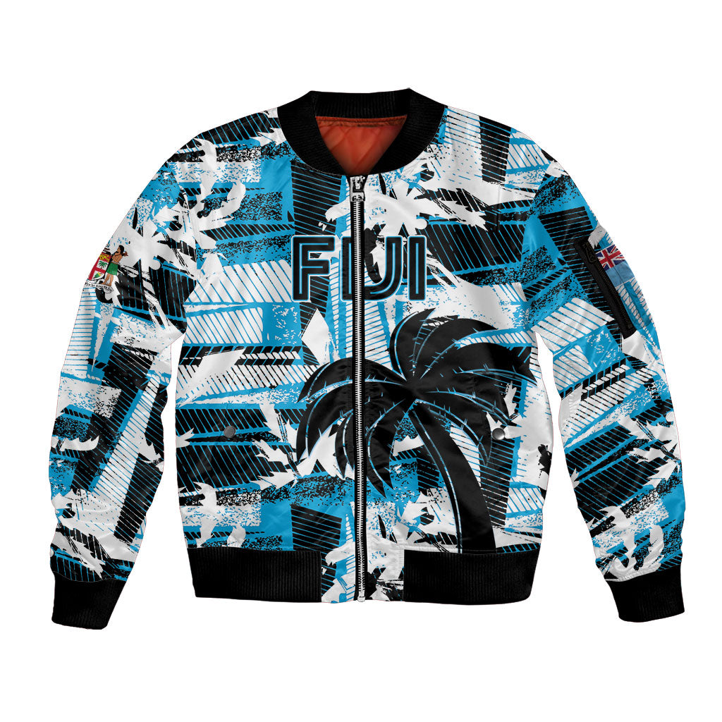 Custom Fijian Rugby Sleeve Zip Bomber Jacket Grunge Palm Stylized LT01 Unisex Blue - Polynesian Pride