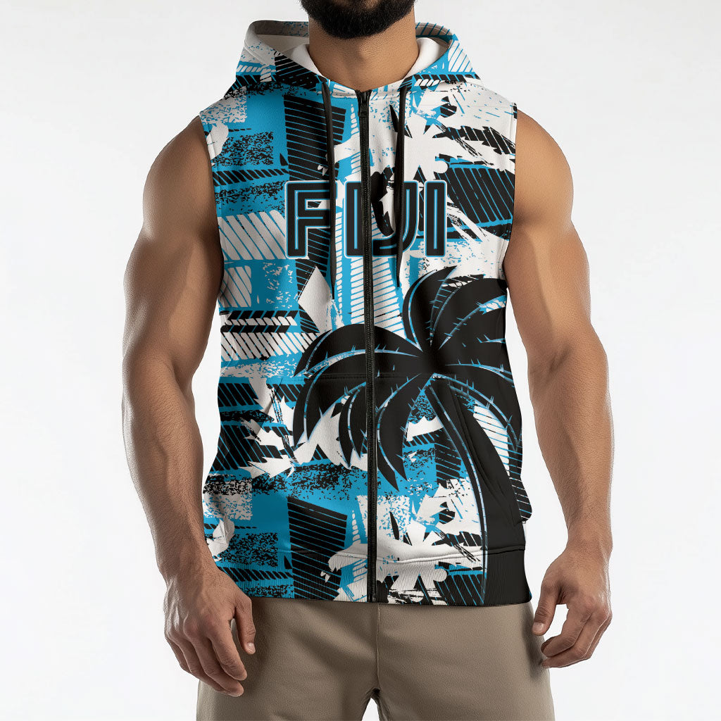 Custom Fijian Rugby Sleeveless Zip Hoodie Grunge Palm Stylized LT01 - Polynesian Pride