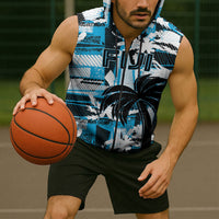 Custom Fijian Rugby Sleeveless Zip Hoodie Grunge Palm Stylized LT01 - Polynesian Pride