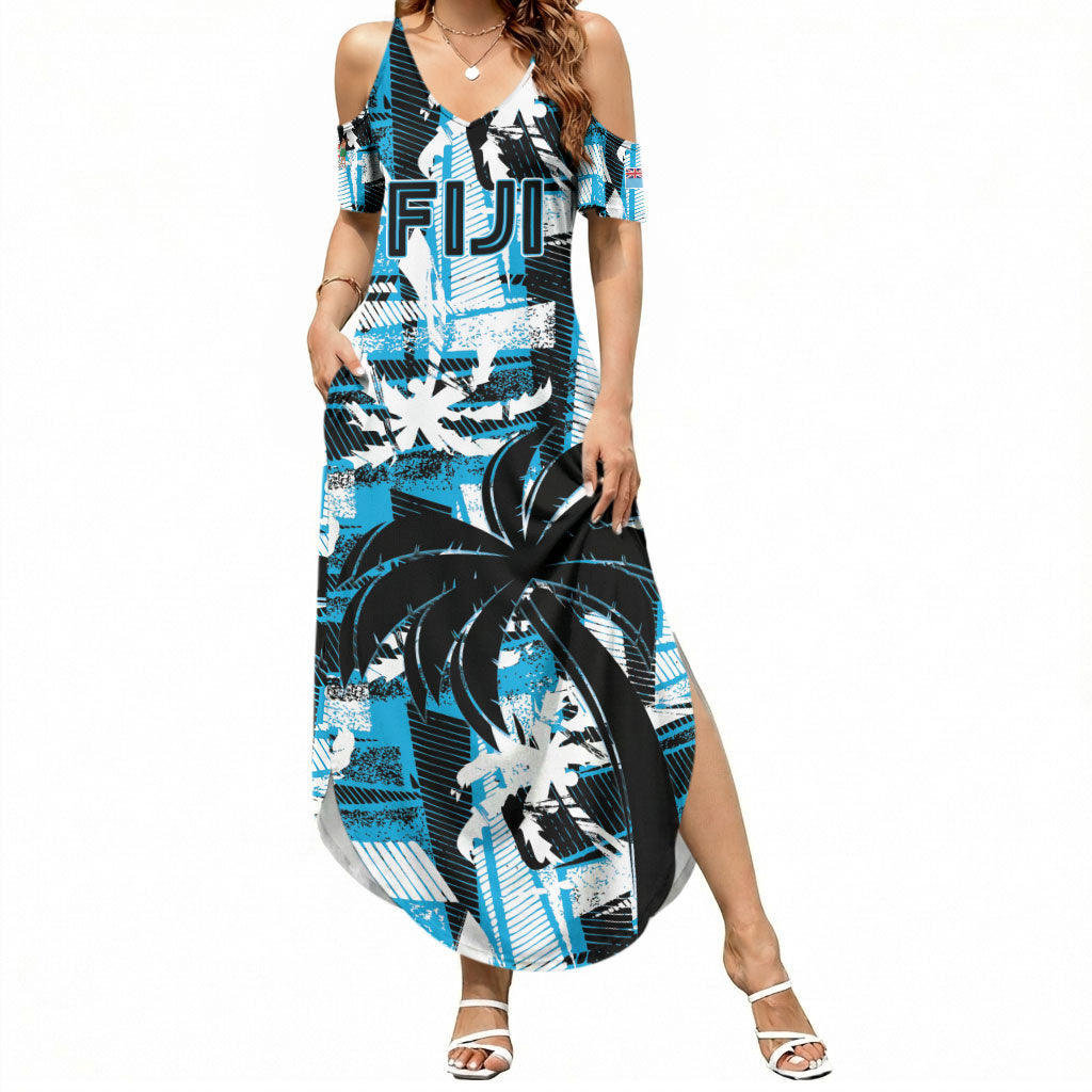 Custom Fijian Rugby Summer Maxi Dress Grunge Palm Stylized LT01 Women Blue - Polynesian Pride