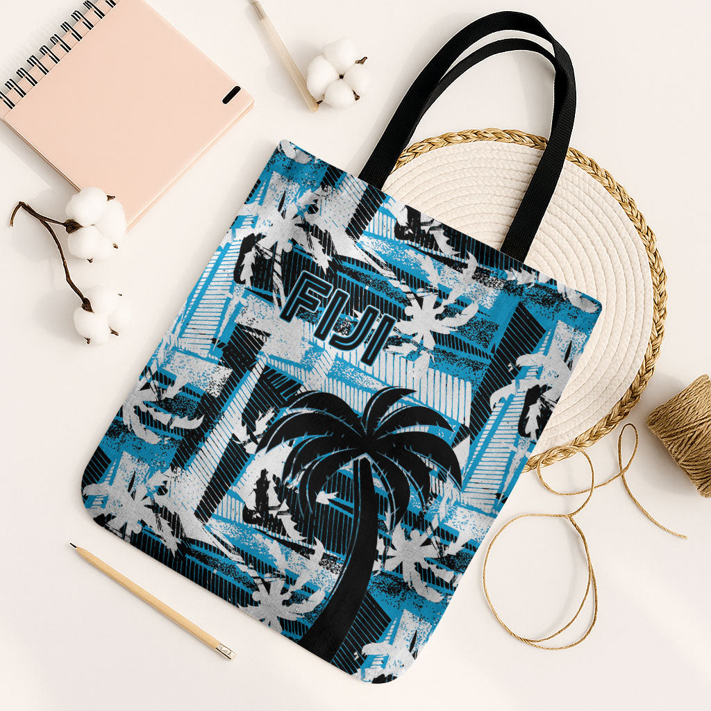 Fijian Rugby Tote Bag Grunge Palm Stylized LT01 Black Strap One Size Blue - Polynesian Pride