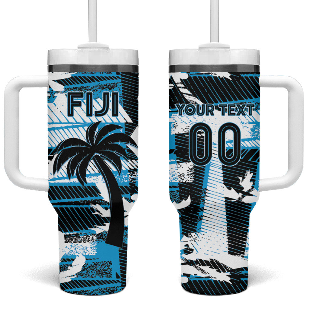 Custom Fijian Rugby Tumbler With Handle Grunge Palm Stylized LT01 One Size: 40 oz Blue - Polynesian Pride