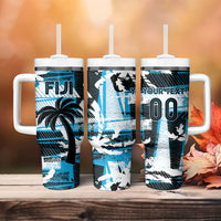 Custom Fijian Rugby Tumbler With Handle Grunge Palm Stylized LT01 - Polynesian Pride