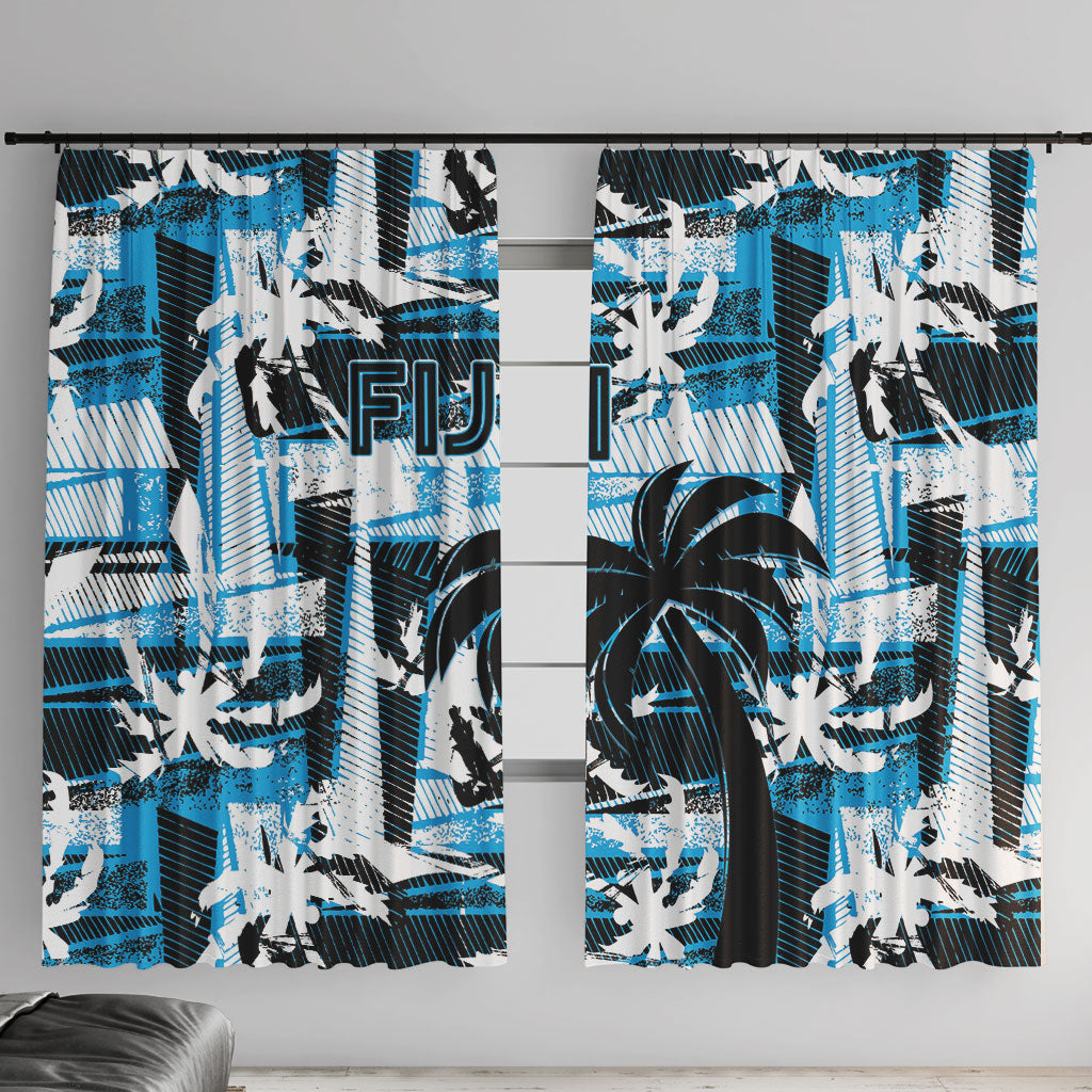 Fijian Rugby Window Curtain Grunge Palm Stylized LT01 With Hooks Blue - Polynesian Pride
