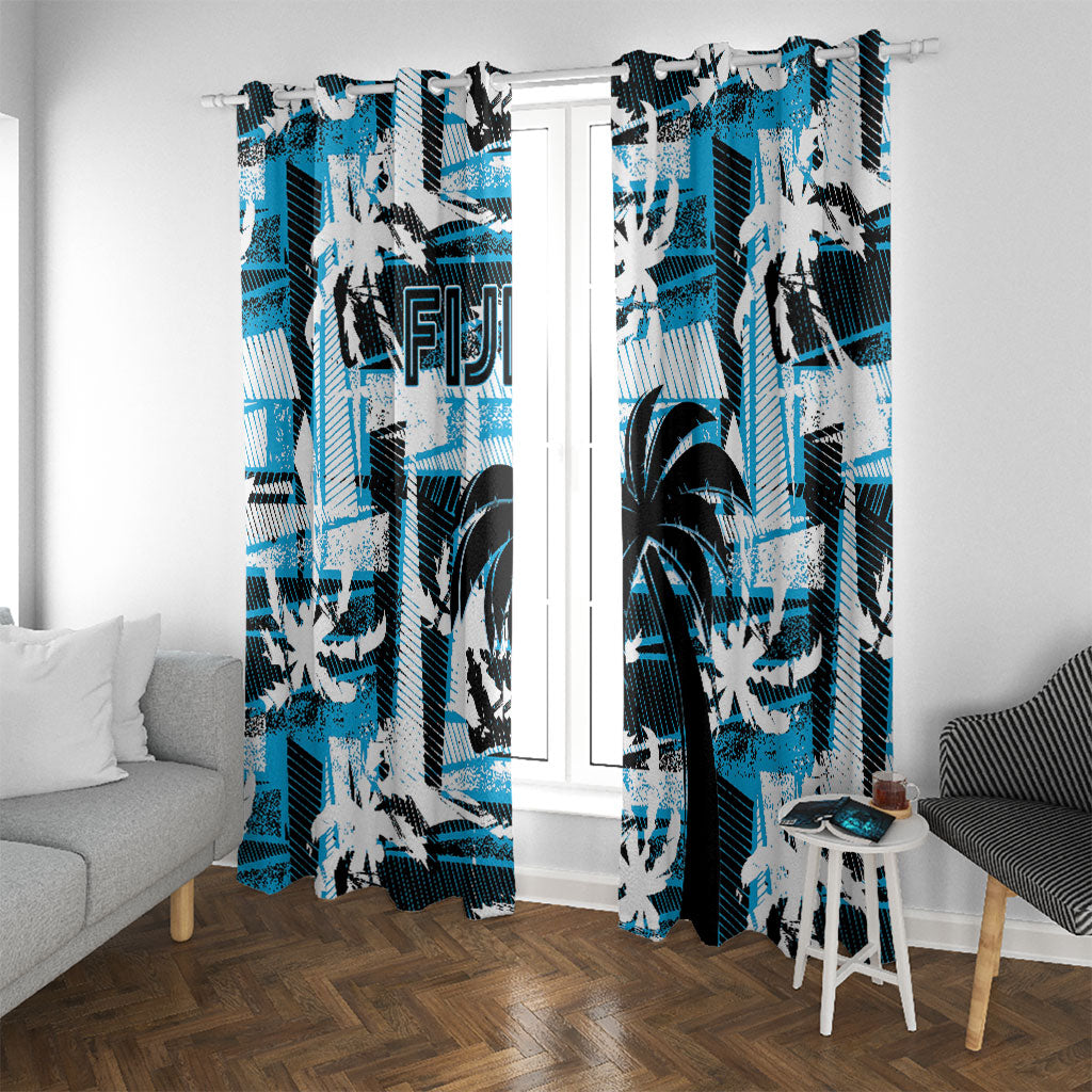 Fijian Rugby Window Curtain Grunge Palm Stylized LT01 With Grommets Blue - Polynesian Pride