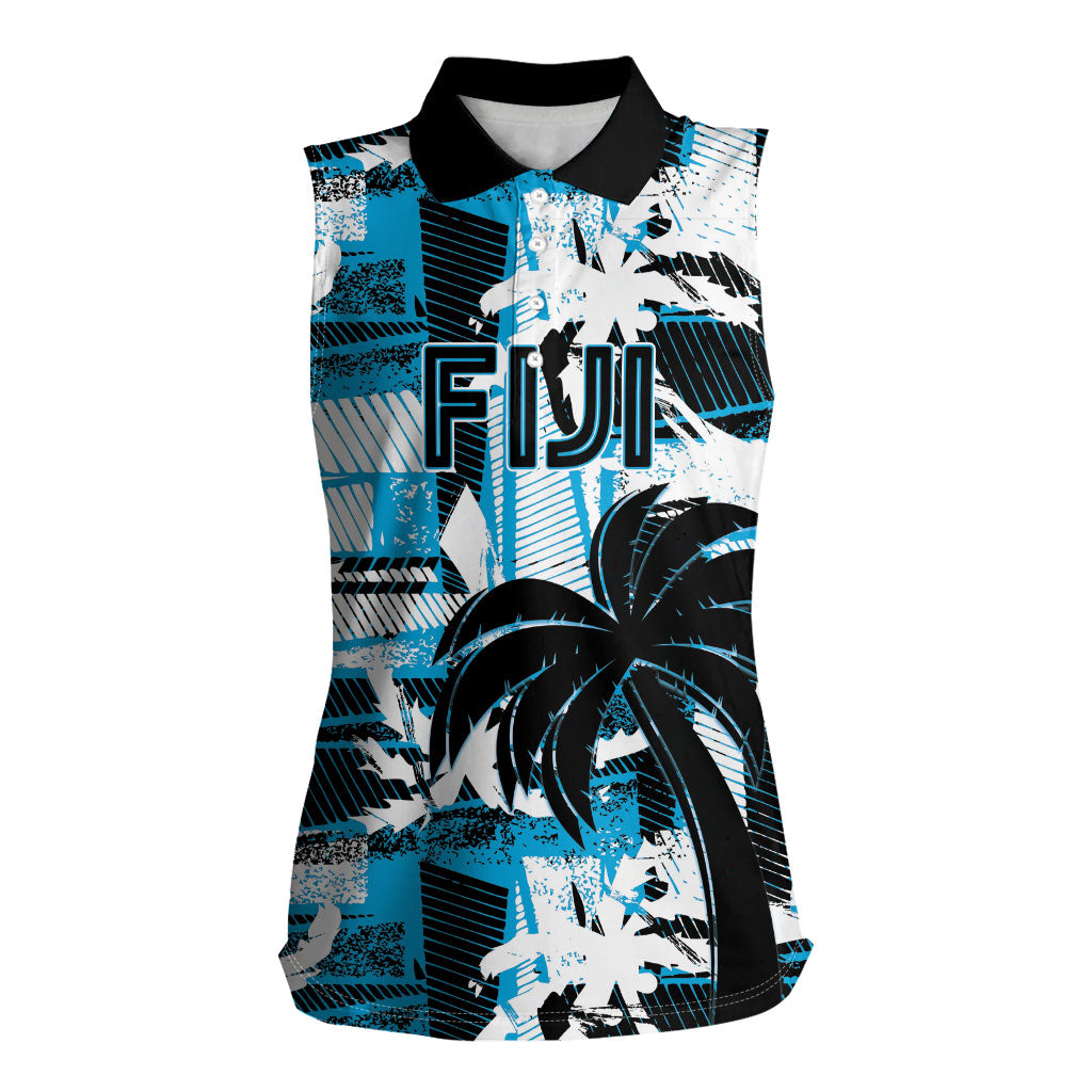 Custom Fijian Rugby Women Sleeveless Polo Shirt Grunge Palm Stylized LT01 Female Blue - Polynesian Pride