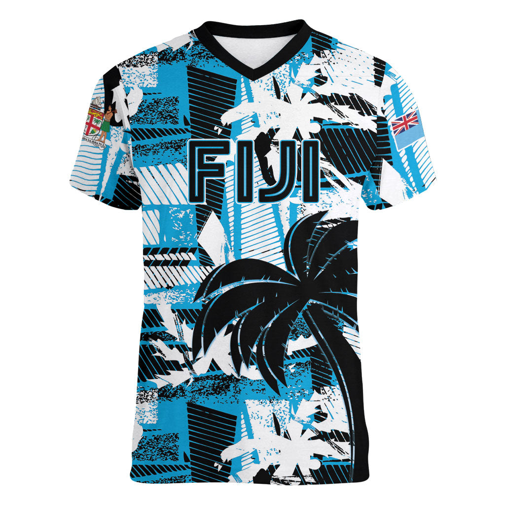 Custom Fijian Rugby Women V-Neck T-Shirt Grunge Palm Stylized LT01 Female Blue - Polynesian Pride