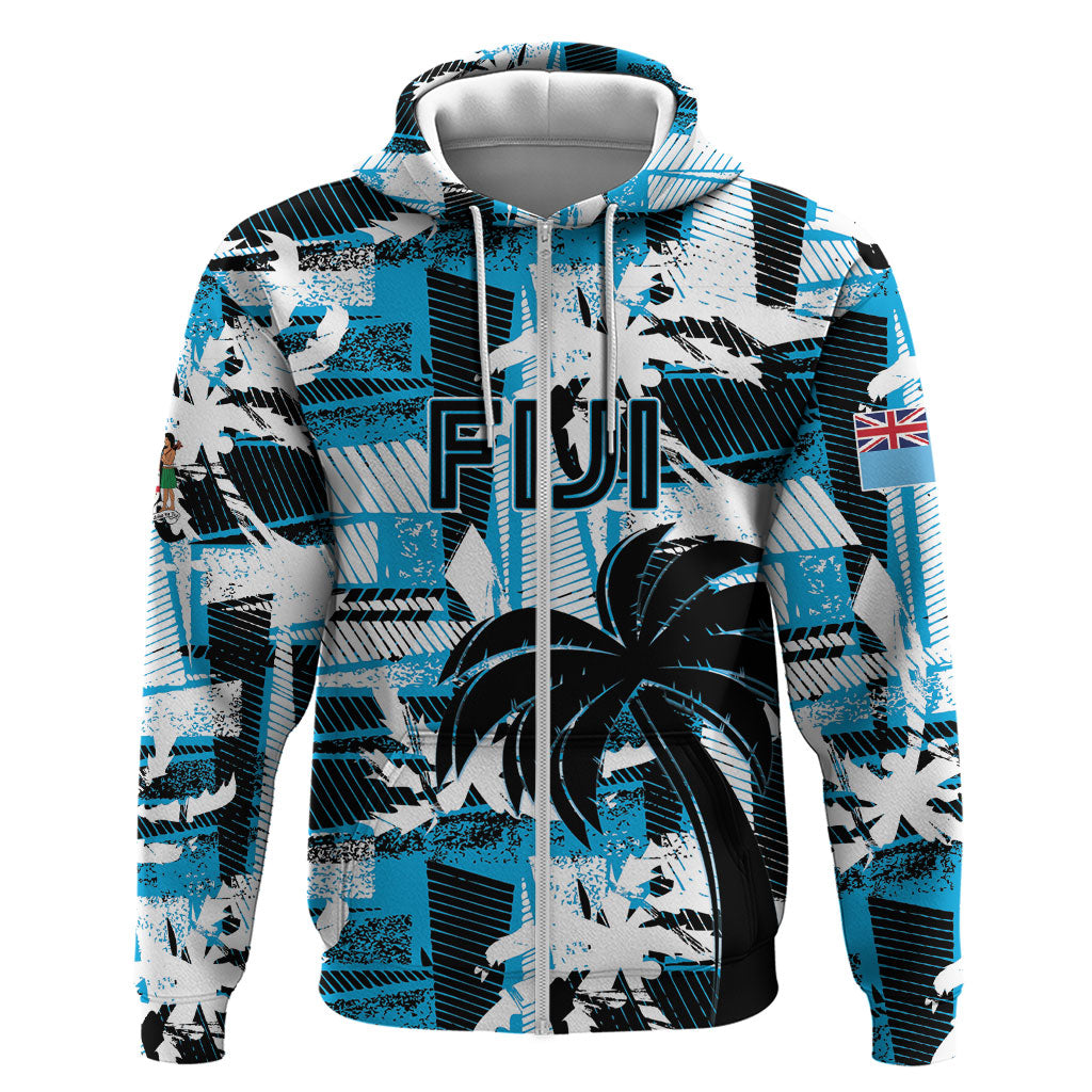 Custom Fijian Rugby Zip Hoodie Grunge Palm Stylized LT01 Zip Hoodie Blue - Polynesian Pride