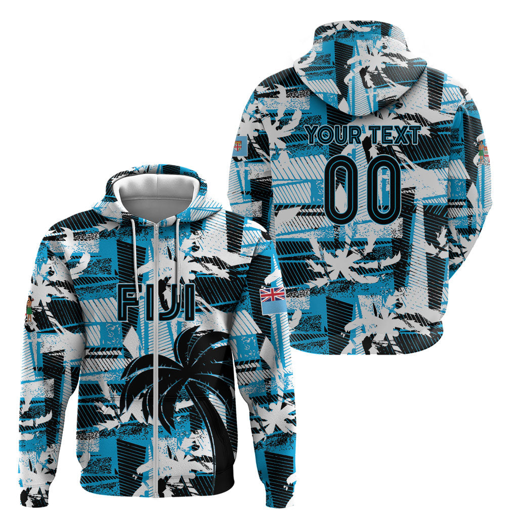 Custom Fijian Rugby Zip Hoodie Grunge Palm Stylized LT01 - Polynesian Pride