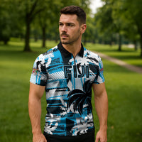 Custom Fijian Rugby Zipper Polo Shirt Grunge Palm Stylized LT01 - Polynesian Pride