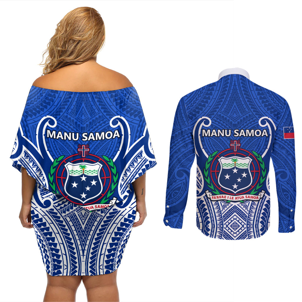 Samoa Rugby Couples Matching Off Shoulder Short Dress and Long Sleeve Button Shirts Manu Samoa Go 2023 World Cup LT01 - Polynesian Pride