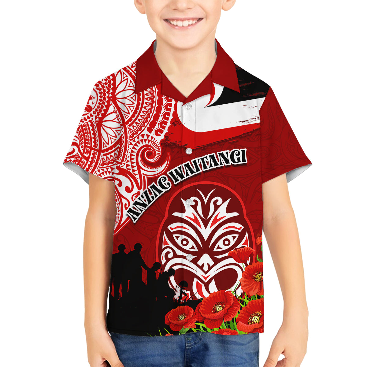 New Zealand ANZAC Waitangi Day Family Matching Off Shoulder Maxi Dress and Hawaiian Shirt Lest We Forget Soldier Tiki Maori Style LT03 Son's Shirt Red - Polynesian Pride