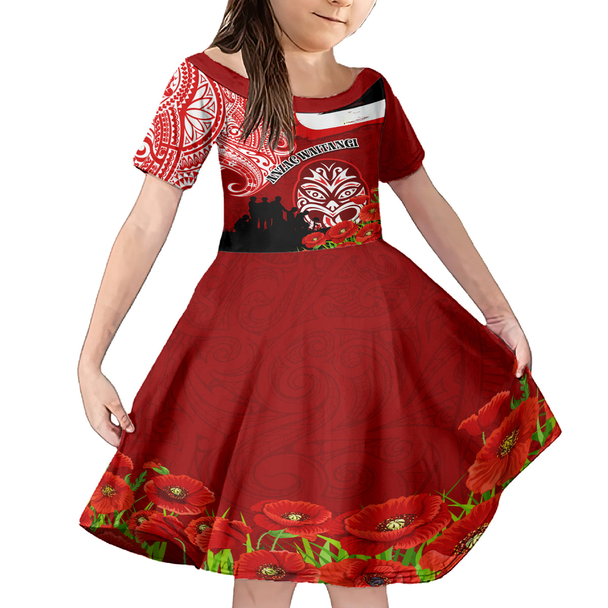 New Zealand ANZAC Waitangi Day Family Matching Short Sleeve Bodycon Dress and Hawaiian Shirt Lest We Forget Soldier Tiki Maori Style LT03 Daughter's Dress Red - Polynesian Pride