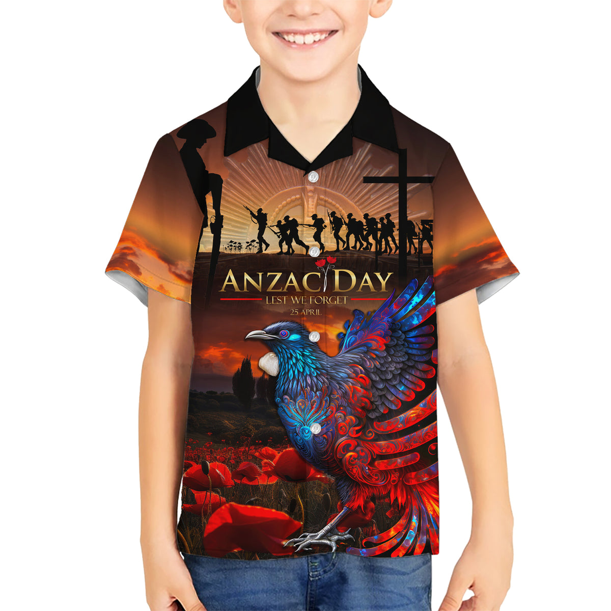 New Zealand Tui Bird Soldier ANZAC Kid Hawaiian Shirt Lest We Forget LT03 Kid Black - Polynesian Pride