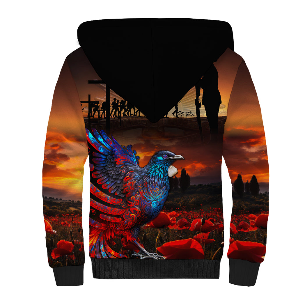 New Zealand Tui Bird Soldier ANZAC Sherpa Hoodie Lest We Forget LT03