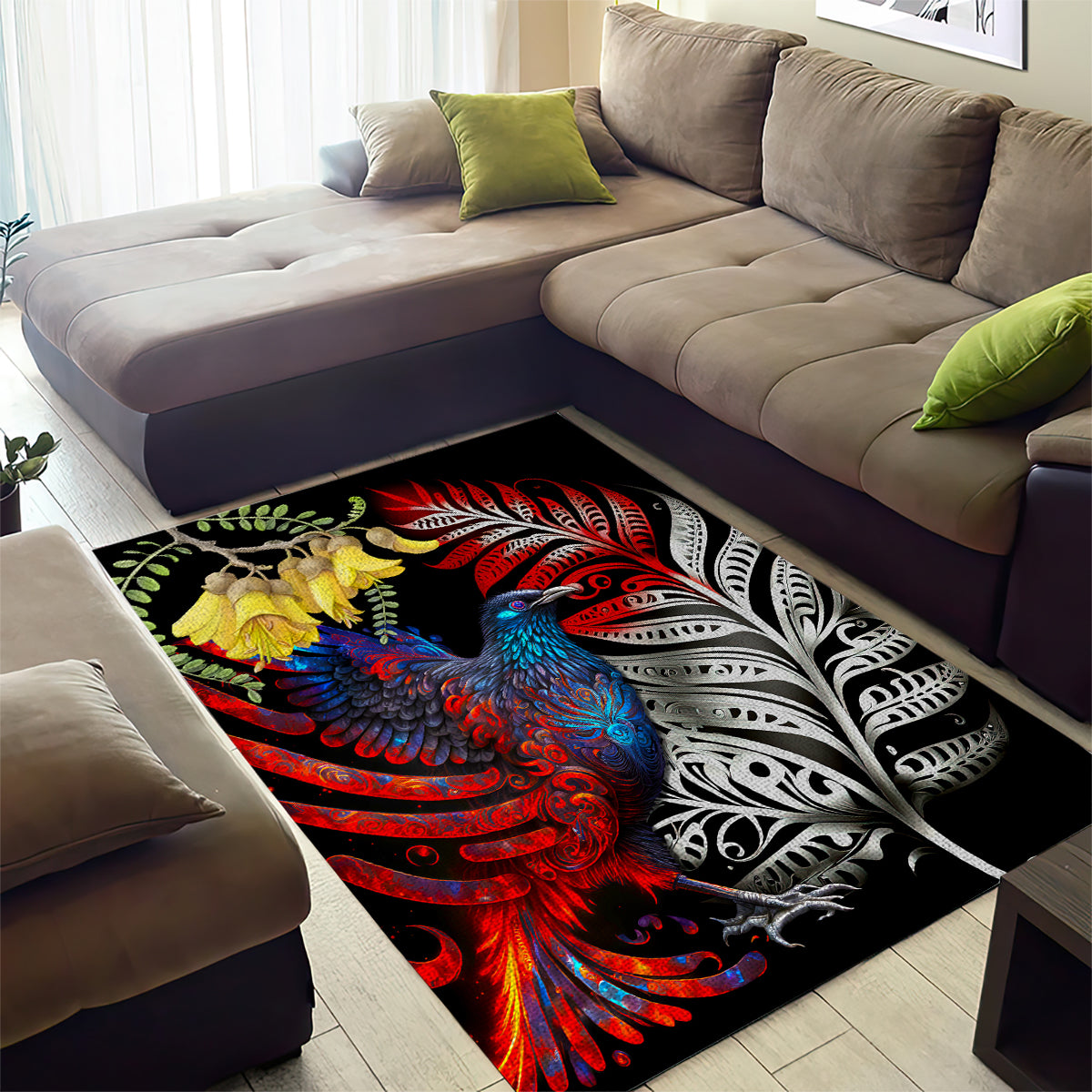 New Zealand Kohwhai Tui Bird Area Rug Silver Fern Version LT03 - Polynesian Pride