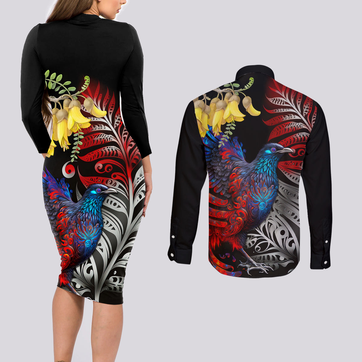 New Zealand Kohwhai Tui Bird Couples Matching Long Sleeve Bodycon Dress and Long Sleeve Button Shirt Silver Fern Version LT03 - Polynesian Pride