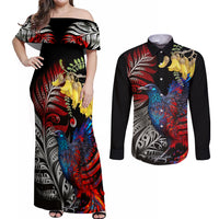 New Zealand Kohwhai Tui Bird Couples Matching Off Shoulder Maxi Dress and Long Sleeve Button Shirt Silver Fern Version LT03 Black - Polynesian Pride