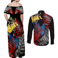 New Zealand Kohwhai Tui Bird Couples Matching Off Shoulder Maxi Dress and Long Sleeve Button Shirt Silver Fern Version LT03 - Polynesian Pride