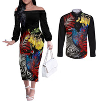 New Zealand Kohwhai Tui Bird Couples Matching Off The Shoulder Long Sleeve Dress and Long Sleeve Button Shirt Silver Fern Version LT03 Black - Polynesian Pride