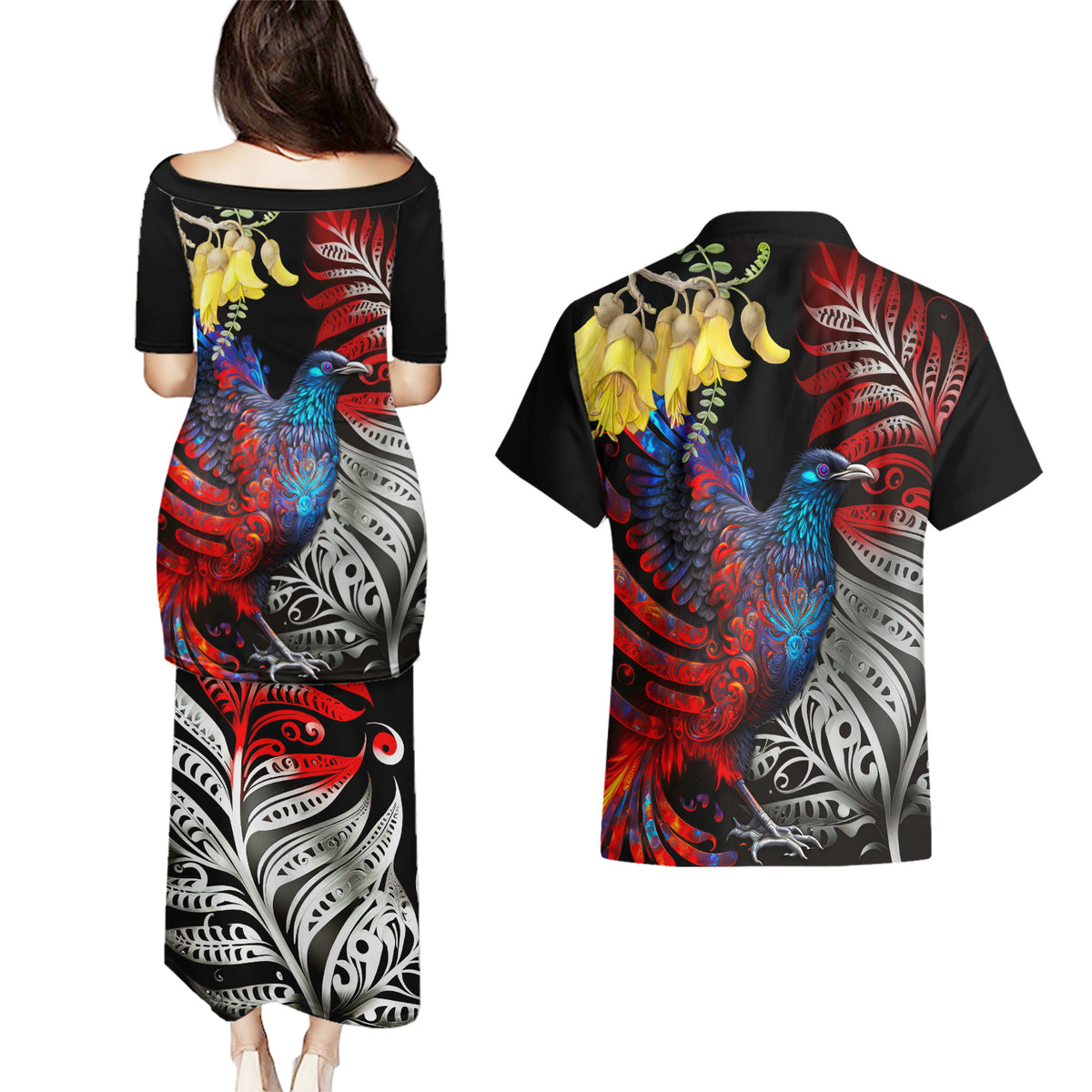 New Zealand Kohwhai Tui Bird Couples Matching Puletasi and Hawaiian Shirt Silver Fern Version LT03 - Polynesian Pride
