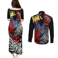 New Zealand Kohwhai Tui Bird Couples Matching Puletasi and Long Sleeve Button Shirt Silver Fern Version LT03 - Polynesian Pride