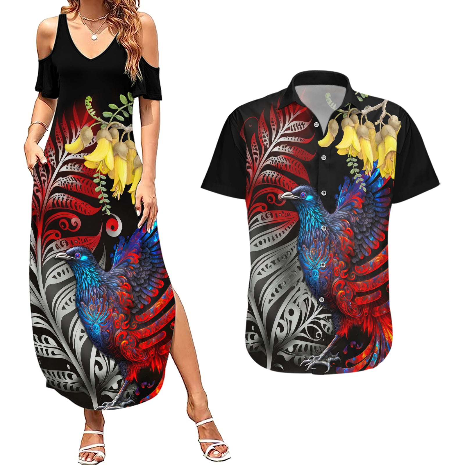 New Zealand Kohwhai Tui Bird Couples Matching Summer Maxi Dress and Hawaiian Shirt Silver Fern Version LT03 Black - Polynesian Pride