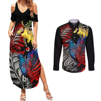 New Zealand Kohwhai Tui Bird Couples Matching Summer Maxi Dress and Long Sleeve Button Shirt Silver Fern Version LT03 Black - Polynesian Pride