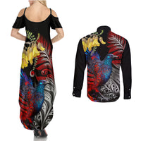 New Zealand Kohwhai Tui Bird Couples Matching Summer Maxi Dress and Long Sleeve Button Shirt Silver Fern Version LT03 - Polynesian Pride