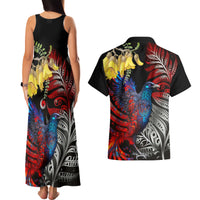 New Zealand Kohwhai Tui Bird Couples Matching Tank Maxi Dress and Hawaiian Shirt Silver Fern Version LT03 - Polynesian Pride