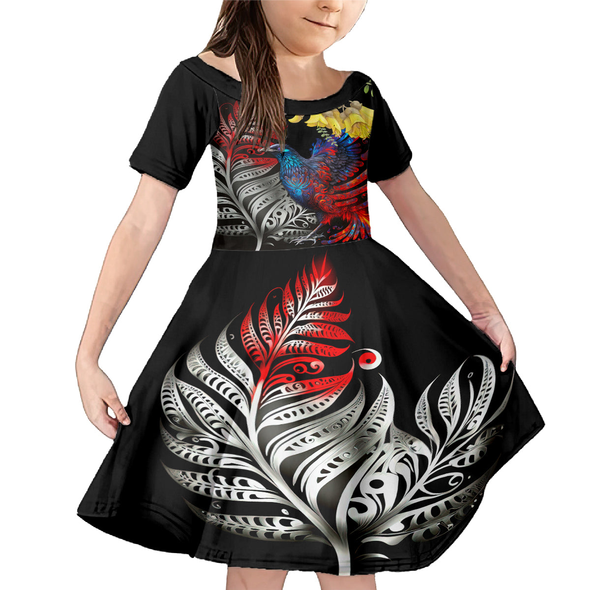 New Zealand Kohwhai Tui Bird Family Matching Mermaid Dress and Hawaiian Shirt Silver Fern Version LT03 Daughter's Dress Black - Polynesian Pride
