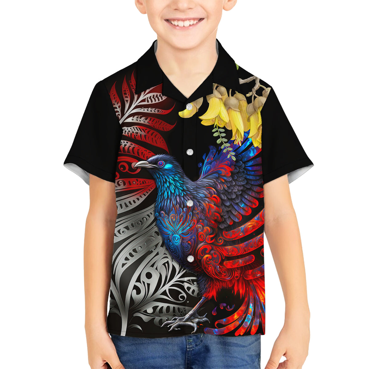 New Zealand Kohwhai Tui Bird Family Matching Off Shoulder Maxi Dress and Hawaiian Shirt Silver Fern Version LT03 Son's Shirt Black - Polynesian Pride