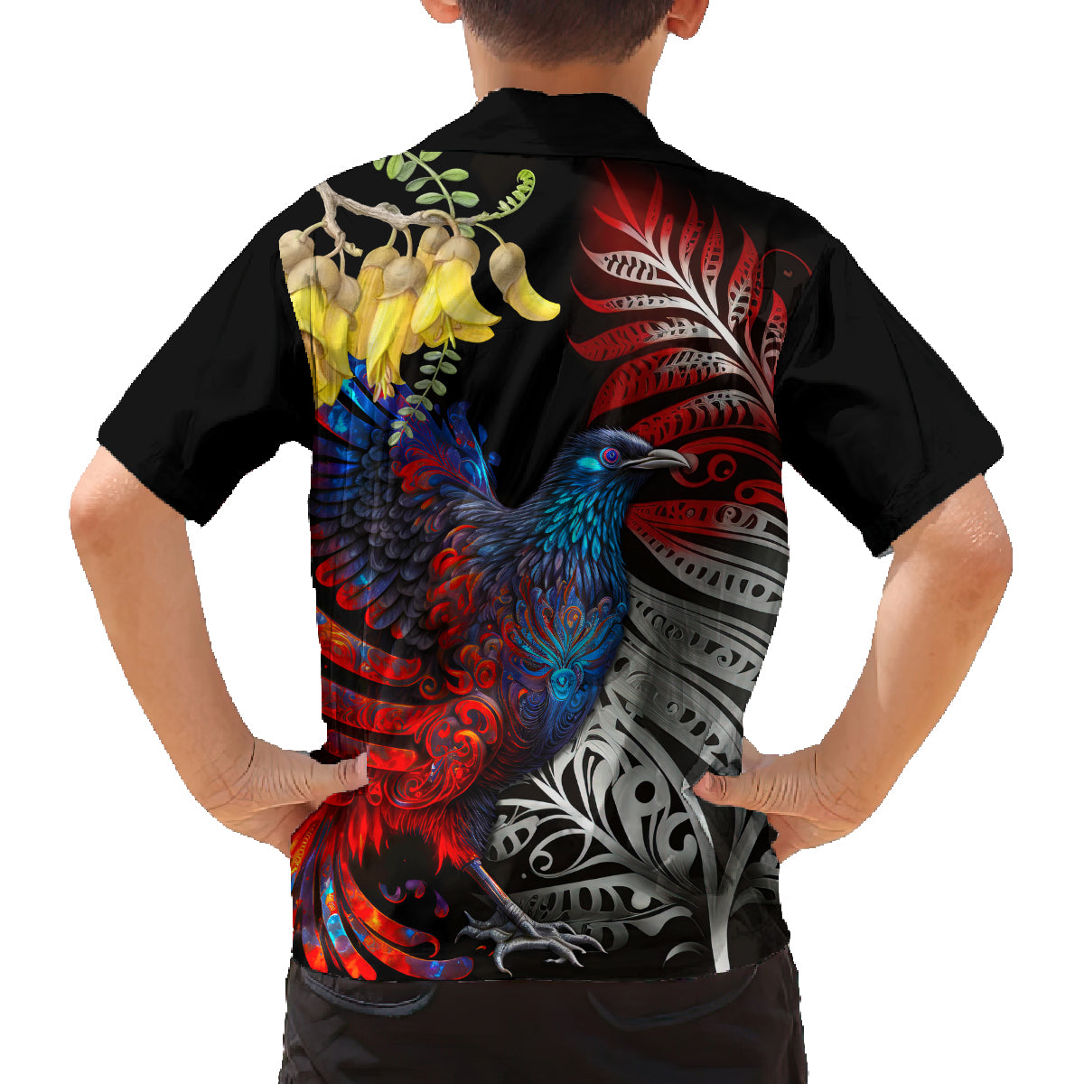 New Zealand Kohwhai Tui Bird Family Matching Off Shoulder Short Dress and Hawaiian Shirt Silver Fern Version LT03 - Polynesian Pride